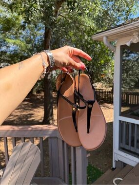 Cole Haan Black T-Strap Leather Sandals with Tan Footbed